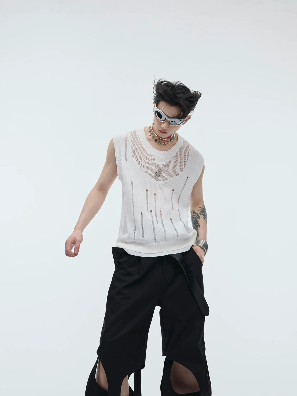 Unisex Deconstructed Knit Tank Top With Cutouts - White
