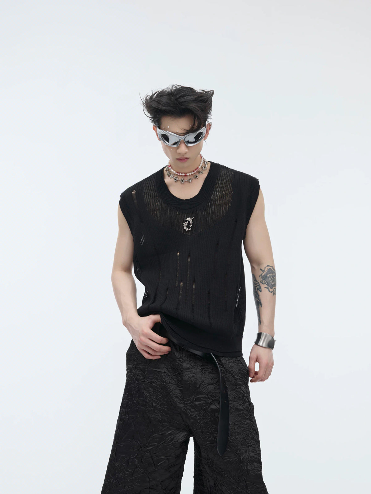 Unisex Deconstructed Knit Tank Top With Cutouts - Black
