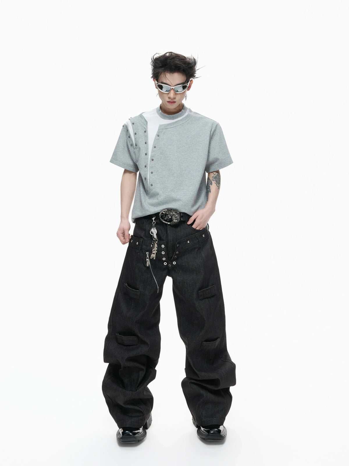 Unisex Faux-Layered Rivet Panel T-Shirt in Black & Gray - main image 5