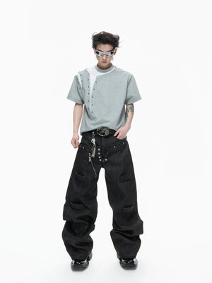 Unisex Faux-Layered Rivet Panel T-Shirt in Black & Gray - main image 5