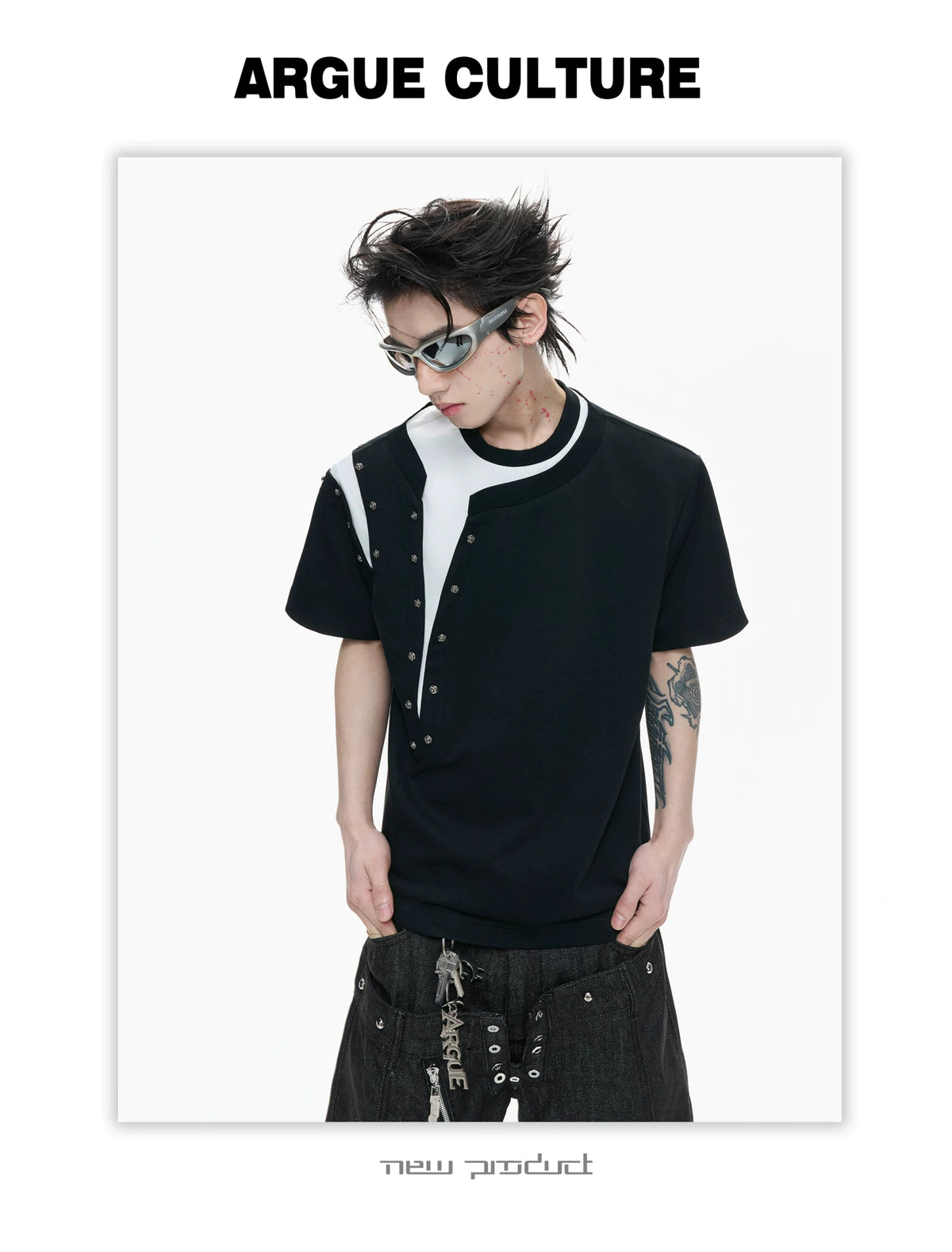 Unisex Faux-Layered Rivet Panel T-Shirt in Black & Gray - detail image 5