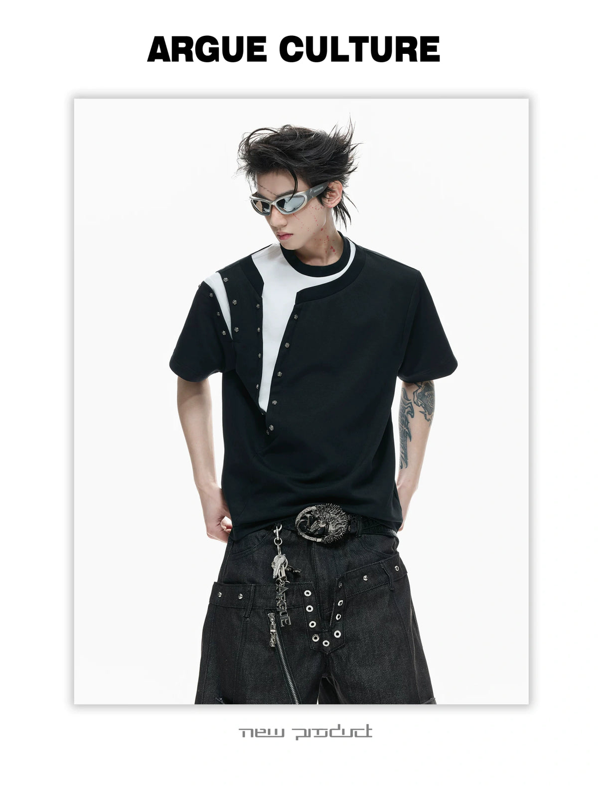 Unisex Faux-Layered Rivet Panel T-Shirt in Black & Gray - detail image 4