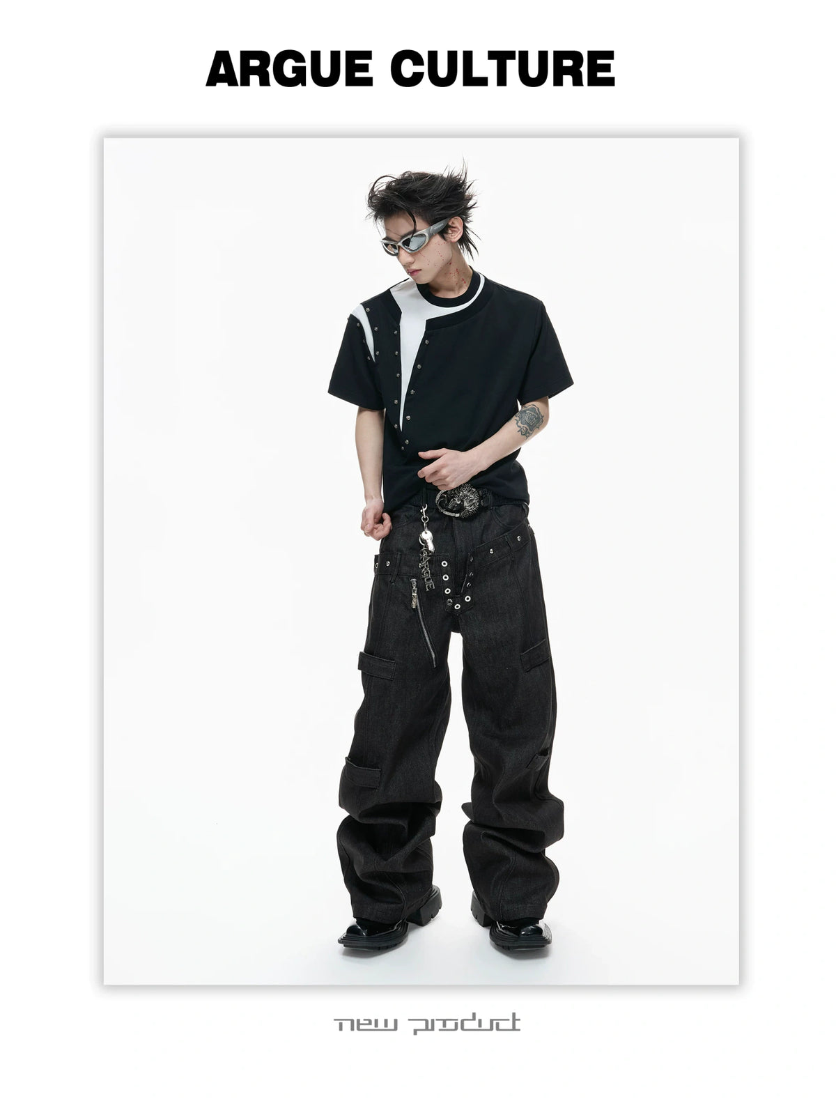 Unisex Faux-Layered Rivet Panel T-Shirt in Black & Gray - detail image 6