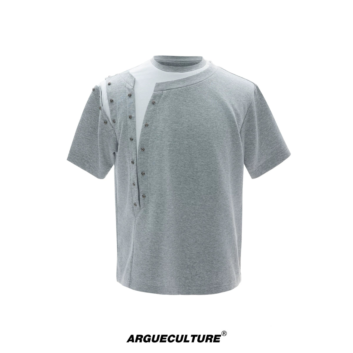Unisex Faux-Layered Rivet Panel T-Shirt in Black & Gray - Gray