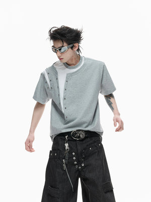 Unisex Faux-Layered Rivet Panel T-Shirt in Black & Gray - main image 4