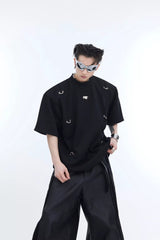 Unisex Metal-Accent Padded Shoulder Crew Neck T-Shirt - Black