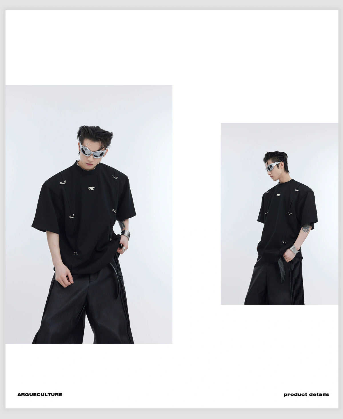 Unisex Metal-Accent Padded Shoulder Crew Neck T-Shirt - detail image 3