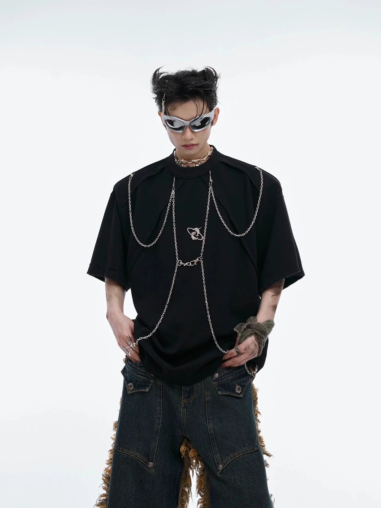 Unisex Punk Chain Design Loose Fit T - Shirt with Distressed Elements - ArguE CulturE