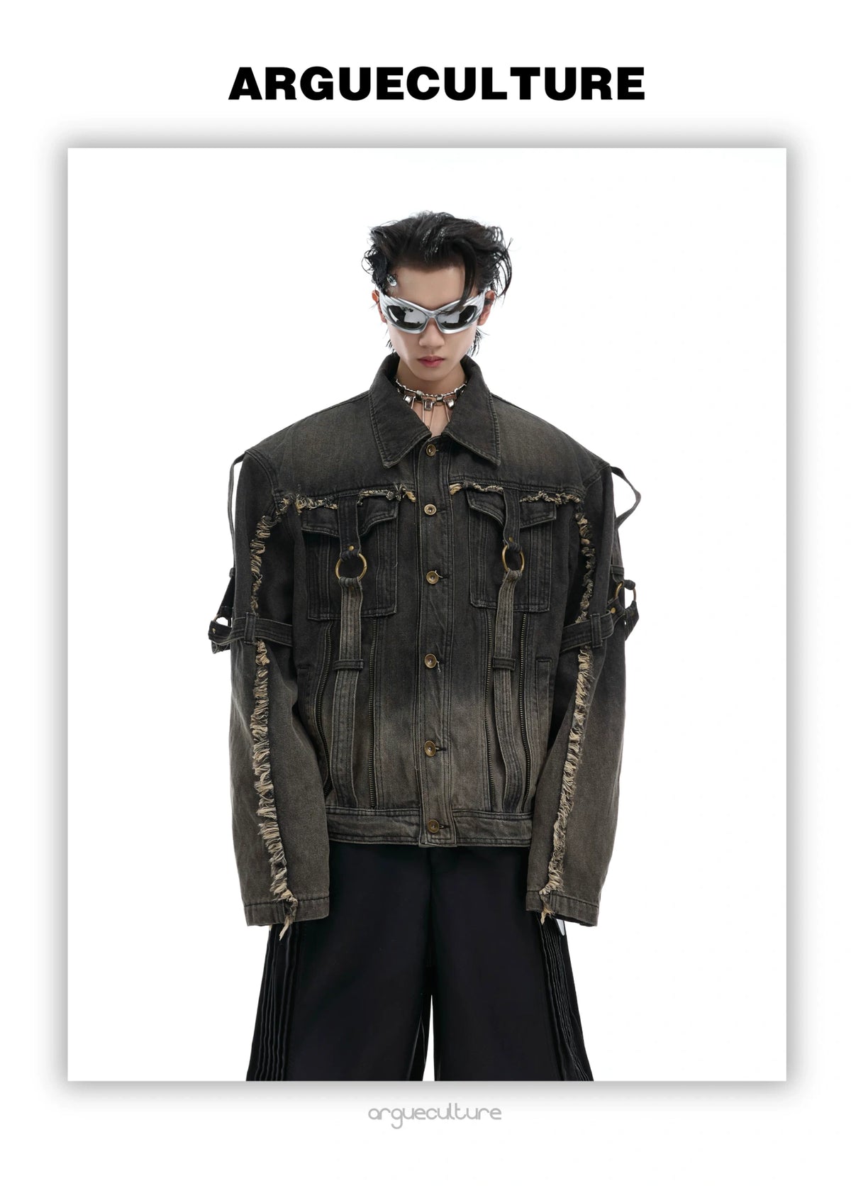 Unisex Raw-Edge Washed Denim Jacket in Black or Blue - detail image 12