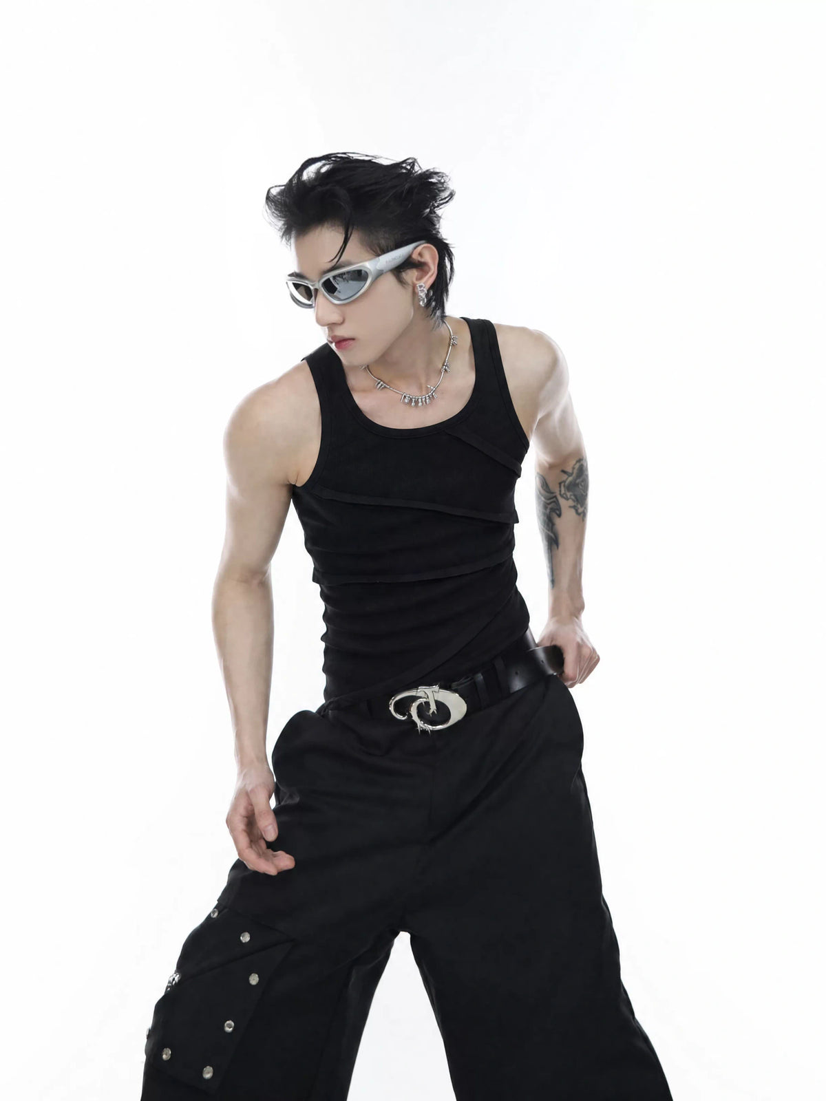 Unisex Ribbed Deconstructed Tank Top in Black & White - main image 2