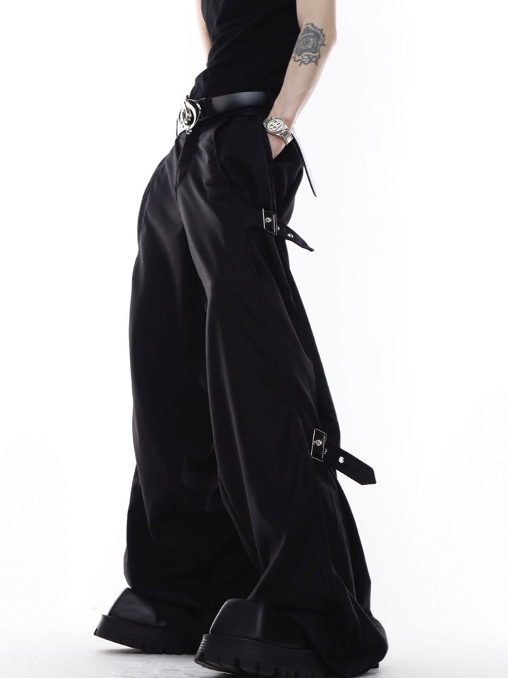 Unisex Wide - Leg Casual Trousers with Spliced Belt and Metal Embellish - ArguE CulturE