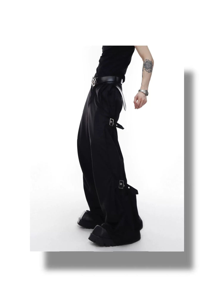 Unisex Wide - Leg Casual Trousers with Spliced Belt and Metal Embellish - ArguE CulturE