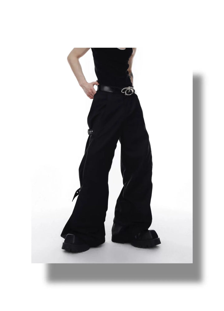 Unisex Wide - Leg Casual Trousers with Spliced Belt and Metal Embellish - ArguE CulturE