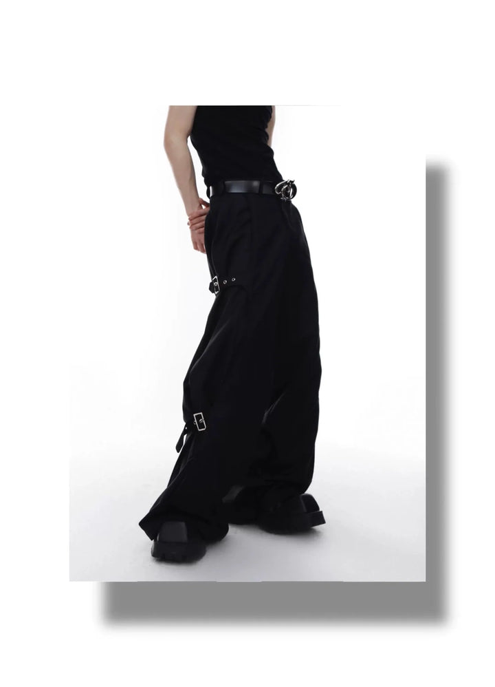 Unisex Wide - Leg Casual Trousers with Spliced Belt and Metal Embellish - ArguE CulturE