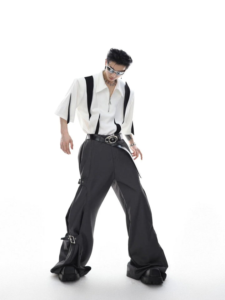 Unisex Wide - Leg Casual Trousers with Spliced Belt and Metal Embellish - ArguE CulturE