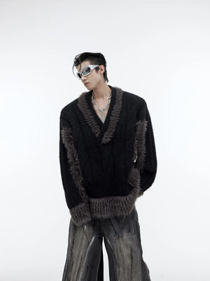 Men's oversized black plush patchwork v-neck sweater streetwear front view