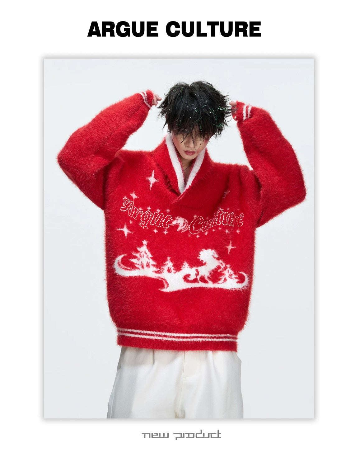 desc::v-neck-faux-mink-christmas-sweater-oversized-knit-detail-img-12