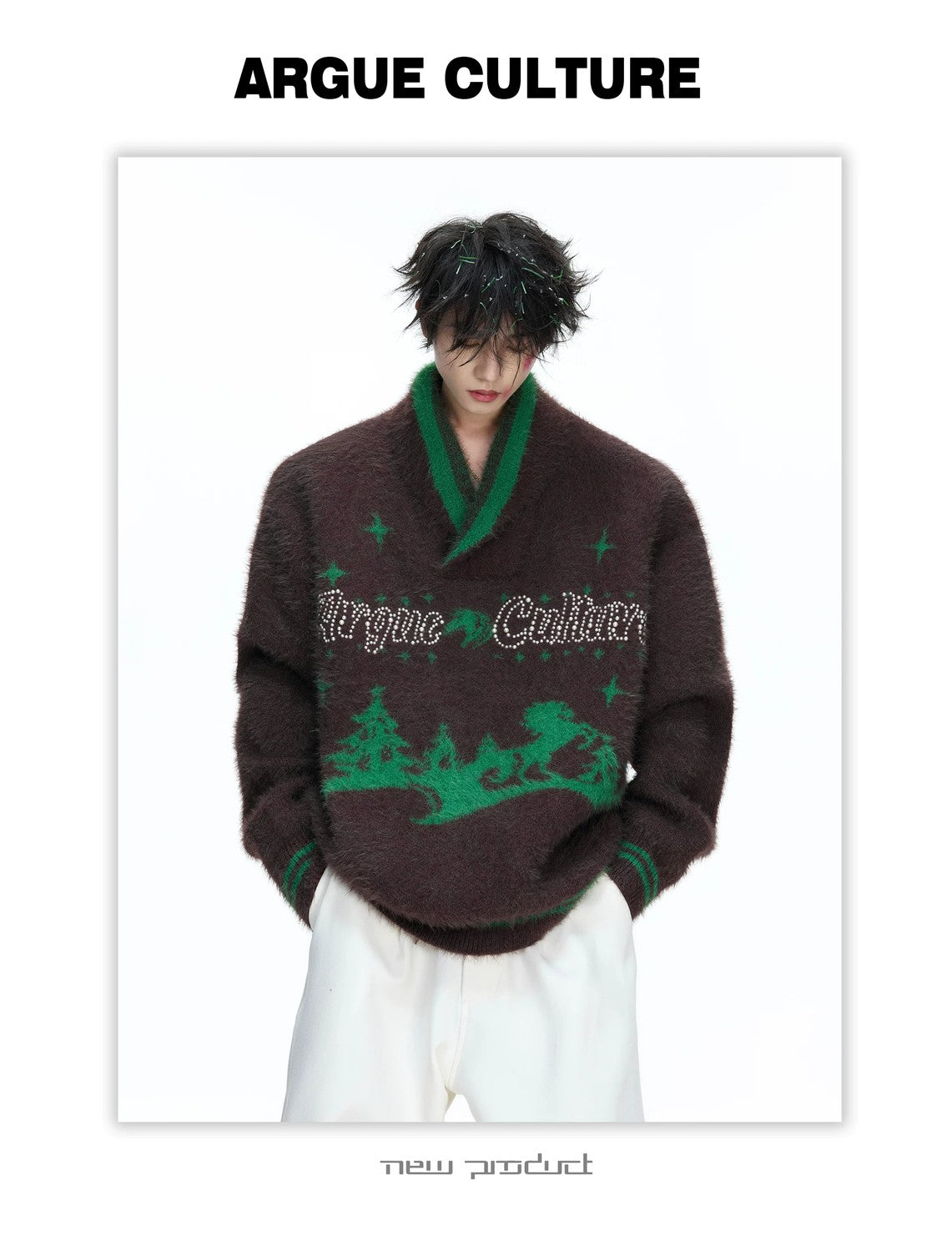 desc::v-neck-faux-mink-christmas-sweater-oversized-knit-detail-img-2