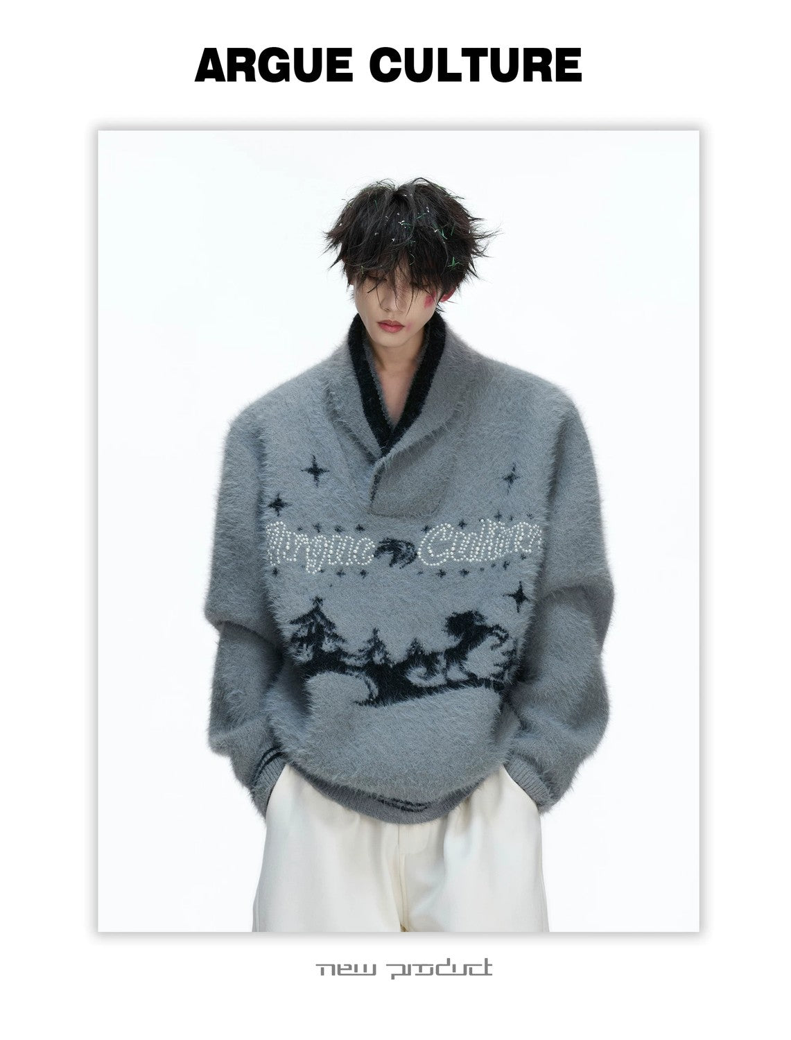 desc::v-neck-faux-mink-christmas-sweater-oversized-knit-detail-img-4