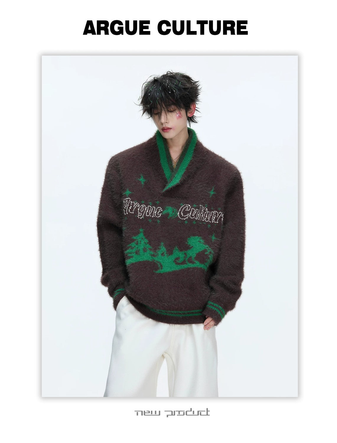 desc::v-neck-faux-mink-christmas-sweater-oversized-knit-detail-img-8