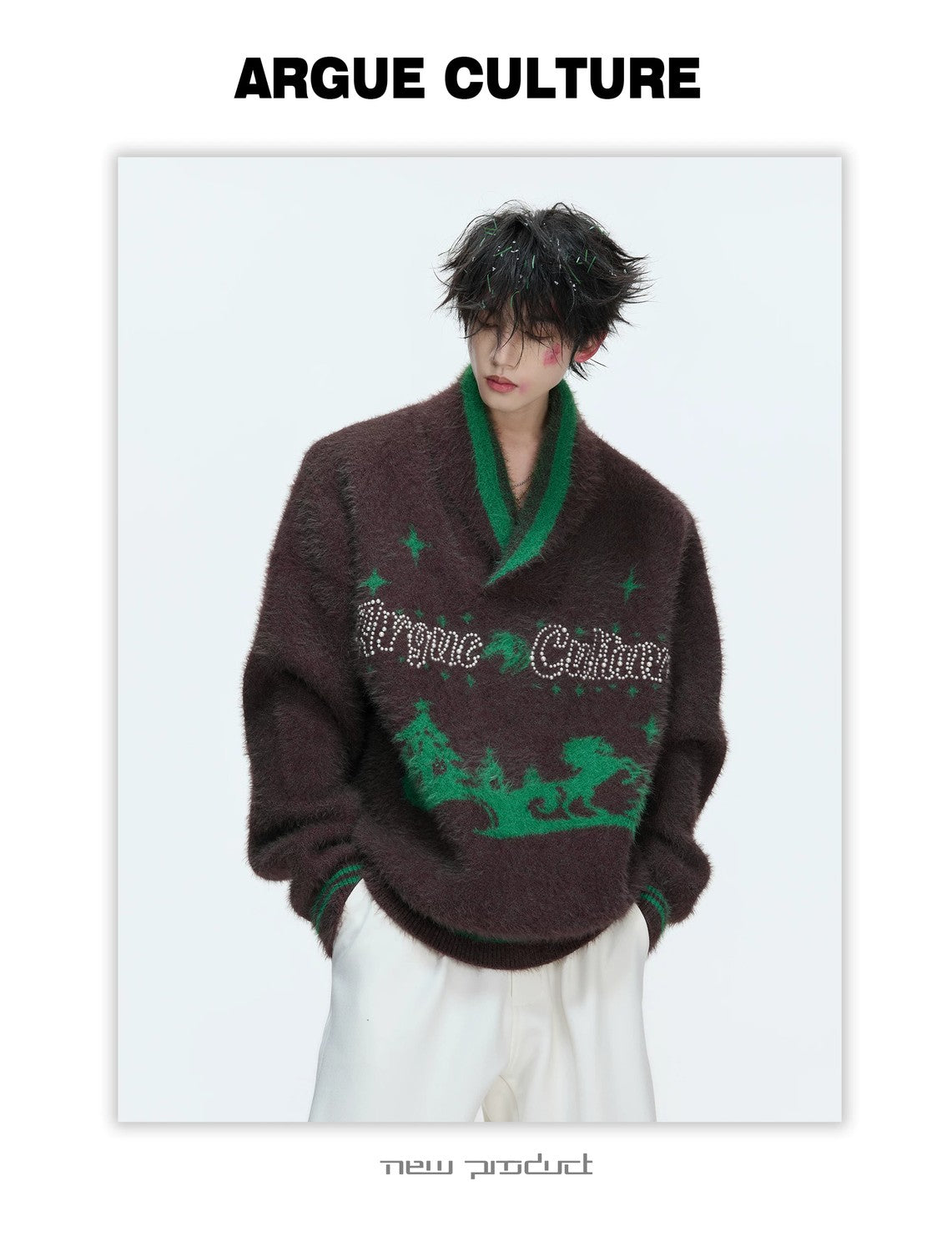desc::v-neck-faux-mink-christmas-sweater-oversized-knit-detail-img-9