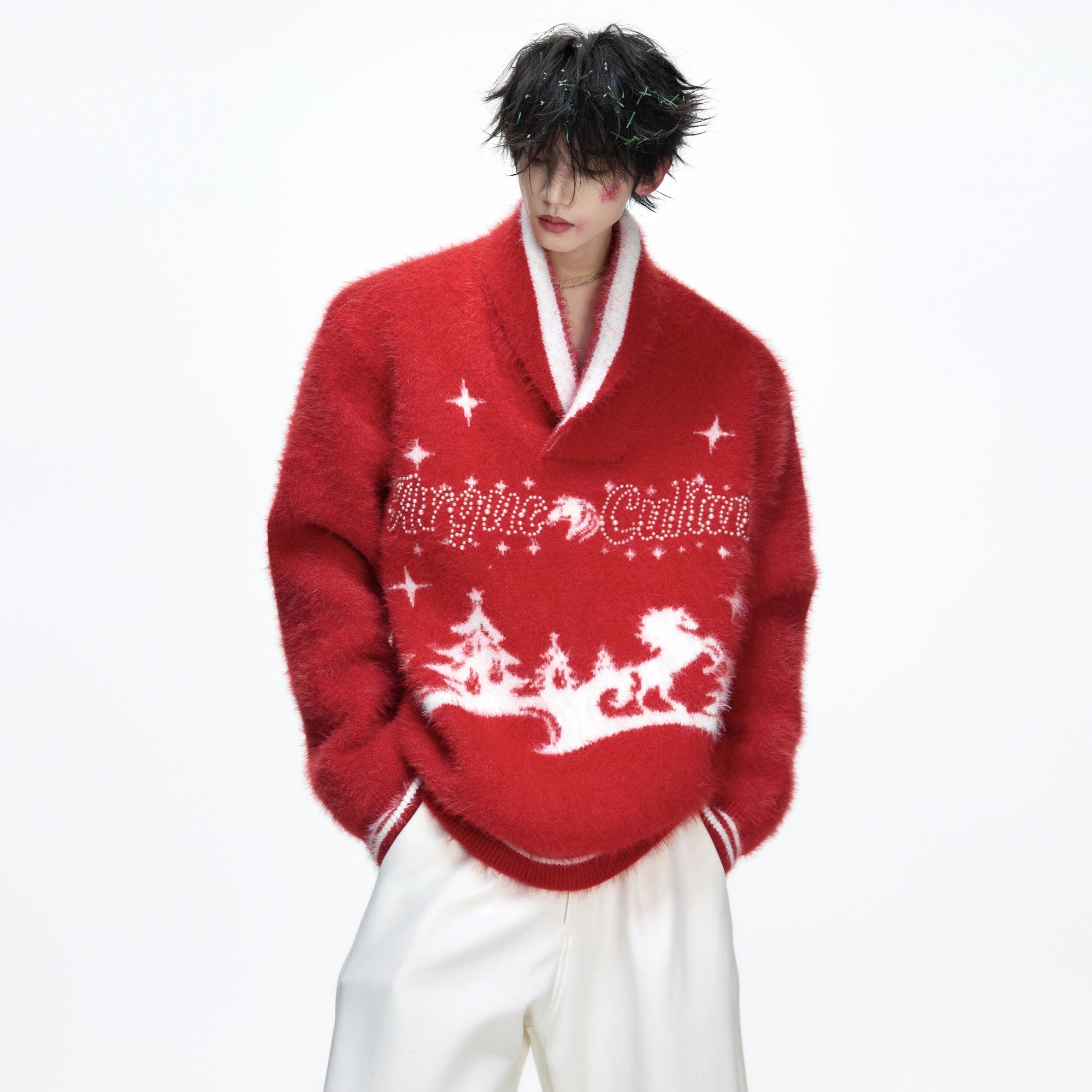 Front view of an oversized white faux mink V-neck sweater with Christmas motifs.