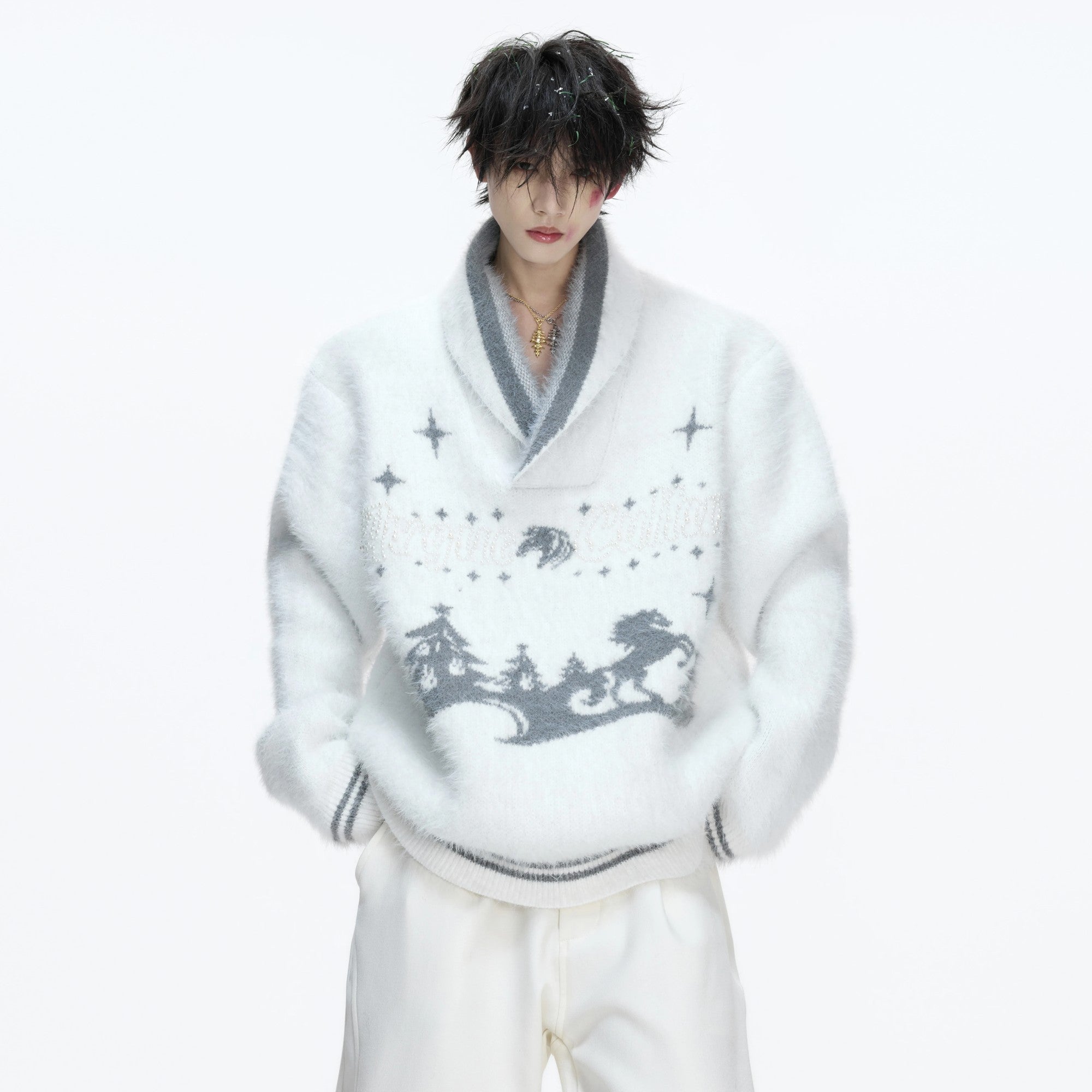 Close-up of the 1200g wool blend fabric and hand-sewn pearl details.