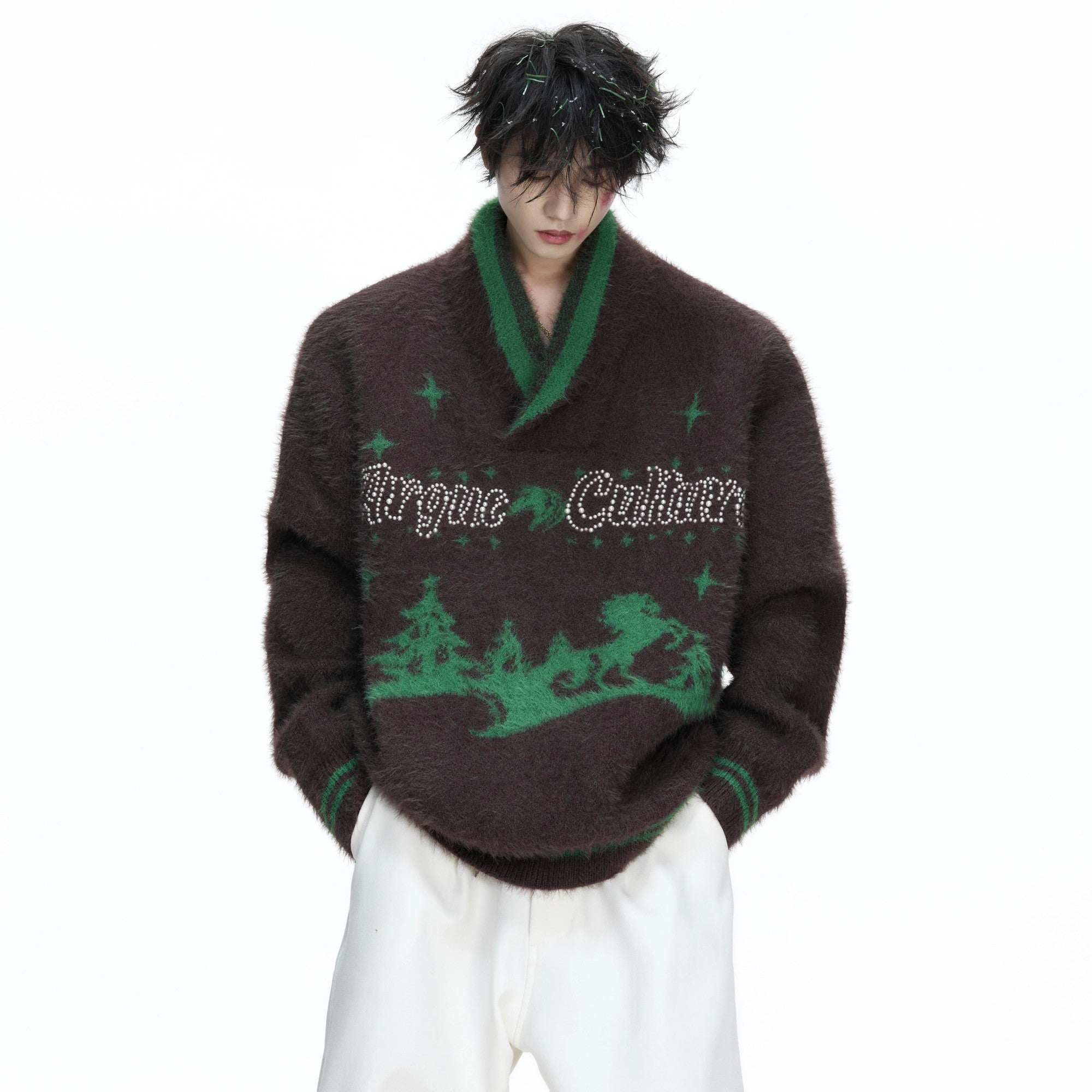 Model wearing a festive red streetwear sweater for the holiday season.