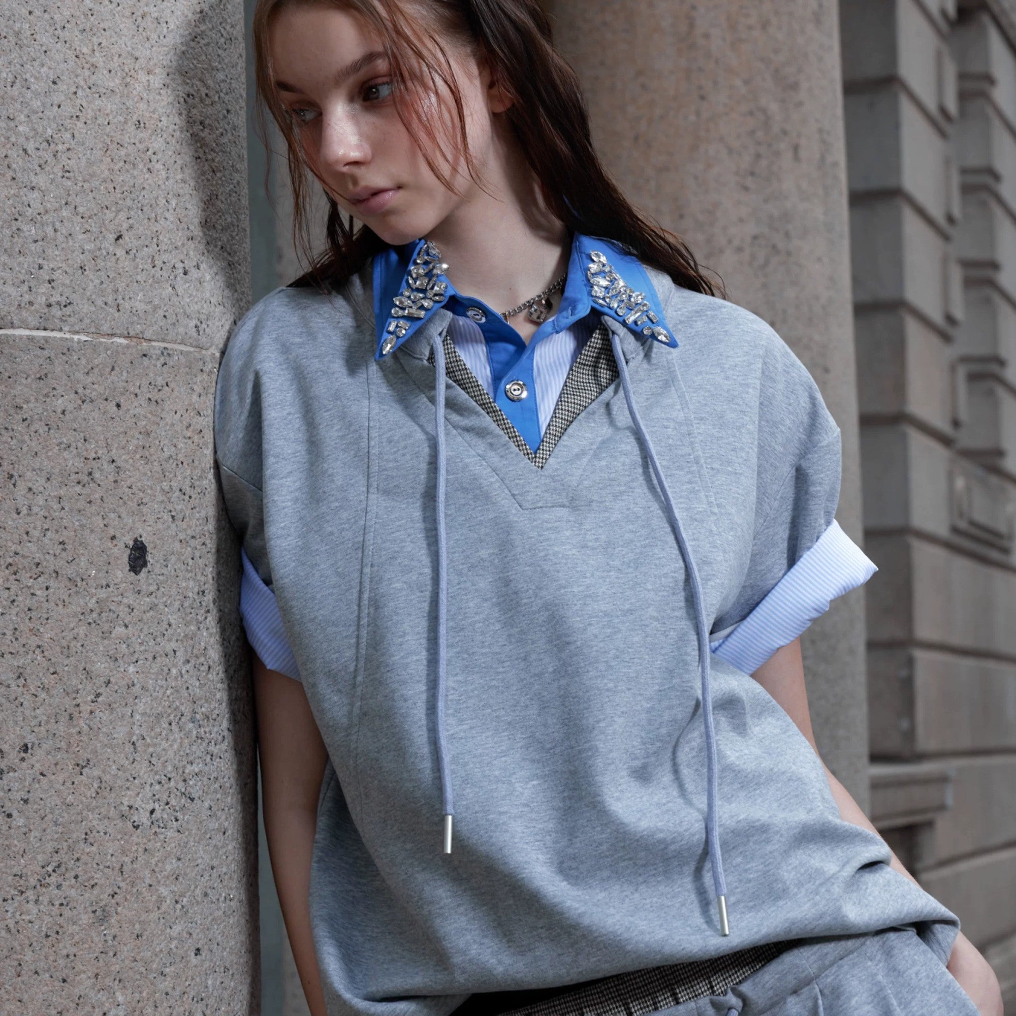 Gray houndstooth patchwork streetwear set for a boutique aesthetic