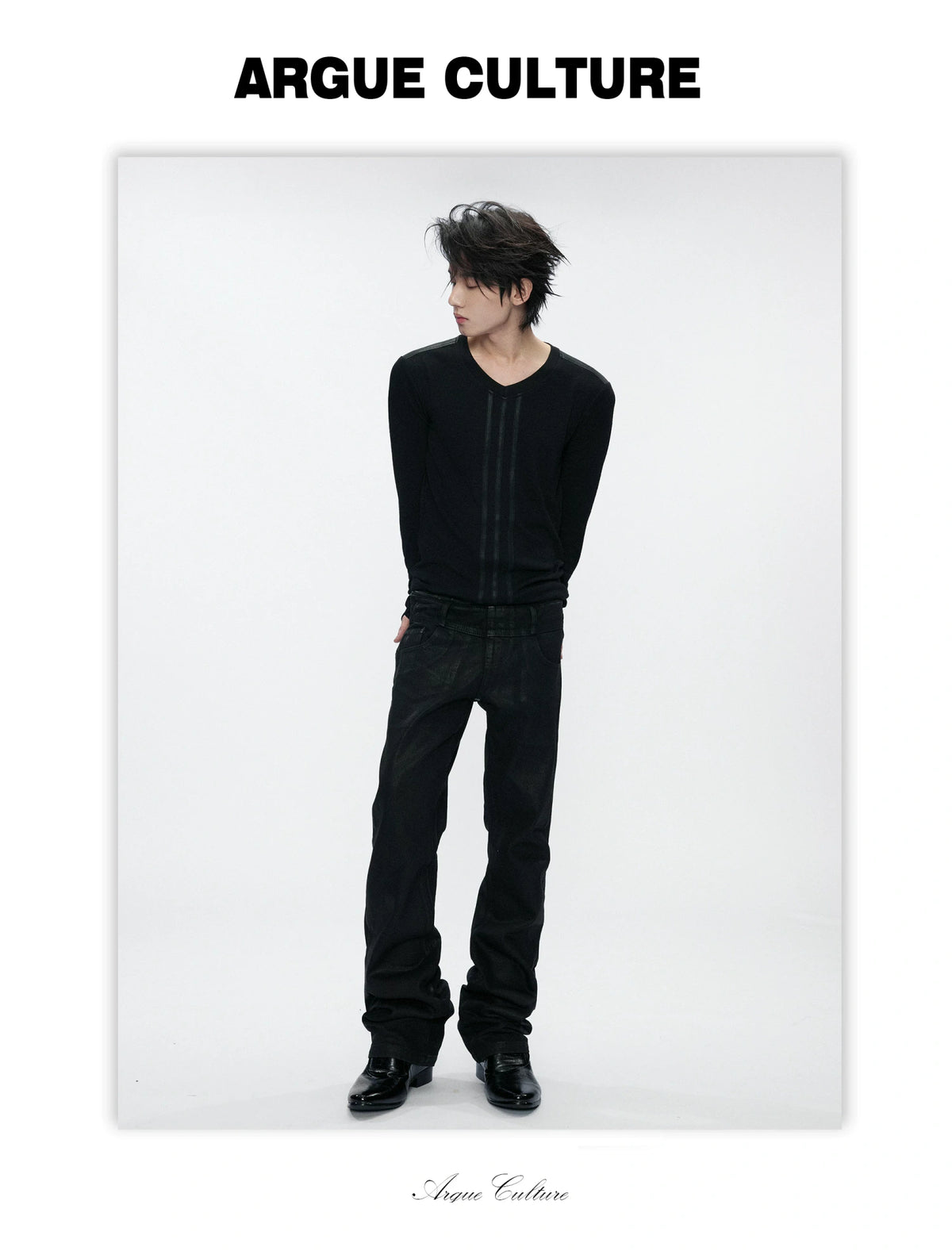 V-Neck Leather-Panel Ripple-Line Long-Sleeve Top - detail image 2