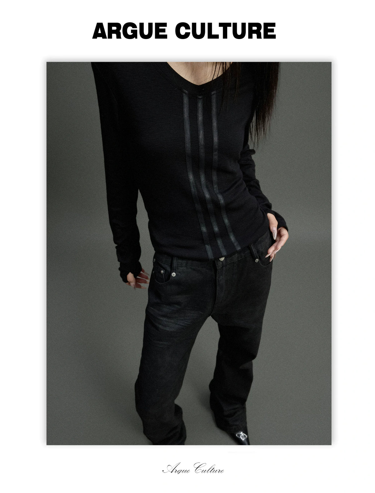V-Neck Leather-Panel Ripple-Line Long-Sleeve Top - detail image 5