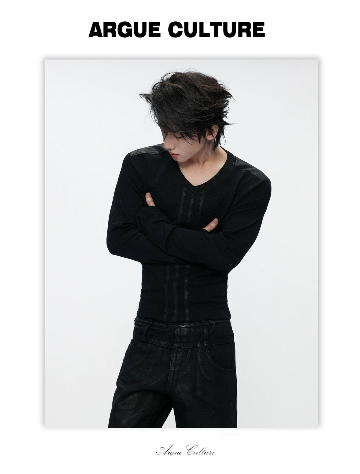 V-Neck Leather-Panel Ripple-Line Long-Sleeve Top - detail image 4