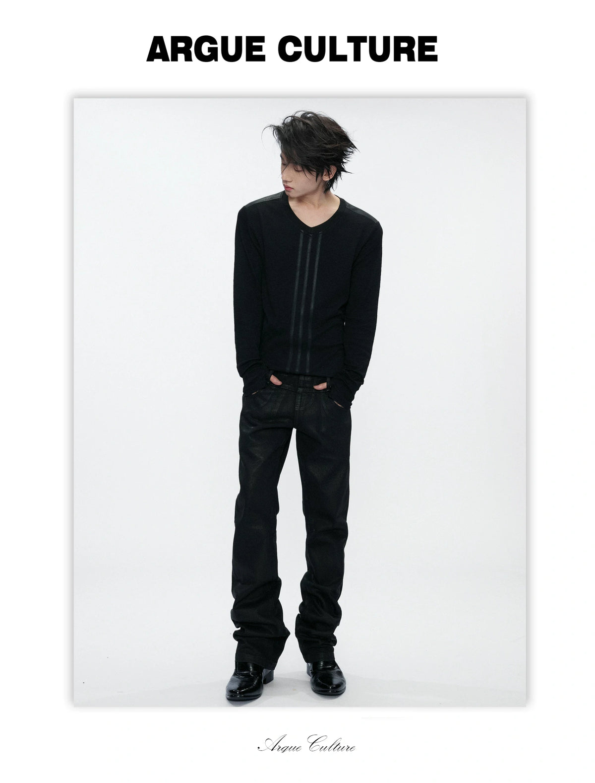 V-Neck Leather-Panel Ripple-Line Long-Sleeve Top - detail image 3