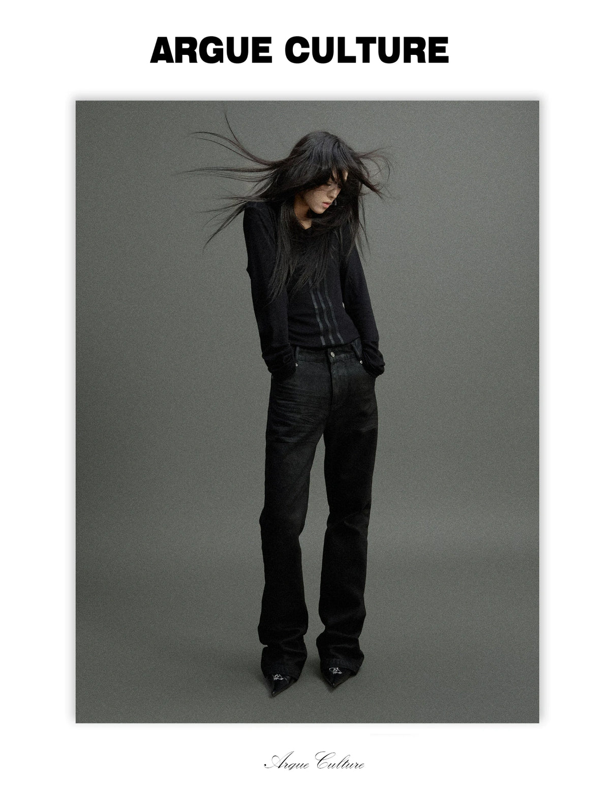 V-Neck Leather-Panel Ripple-Line Long-Sleeve Top - detail image 6