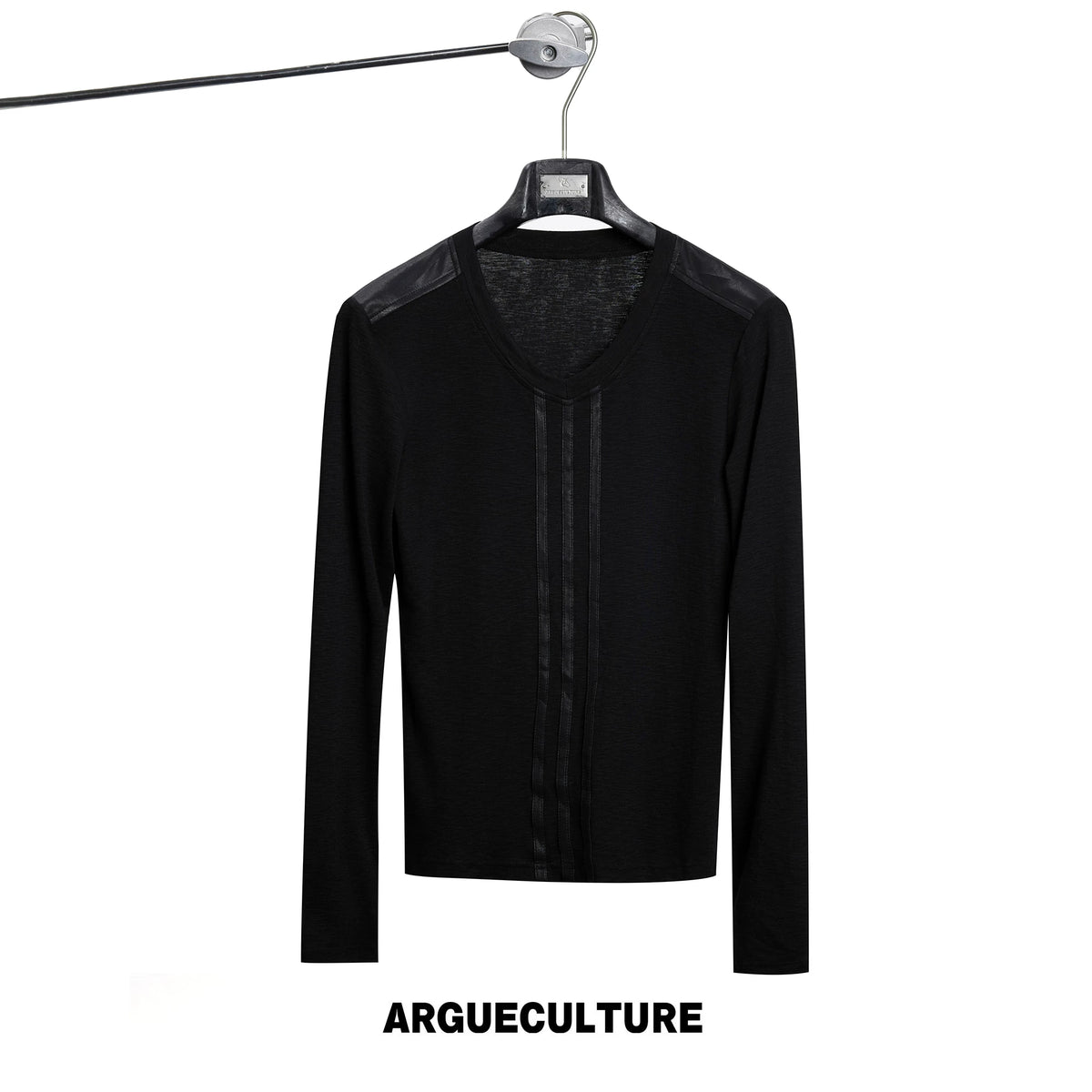 V-Neck Leather-Panel Ripple-Line Long-Sleeve Top - Black