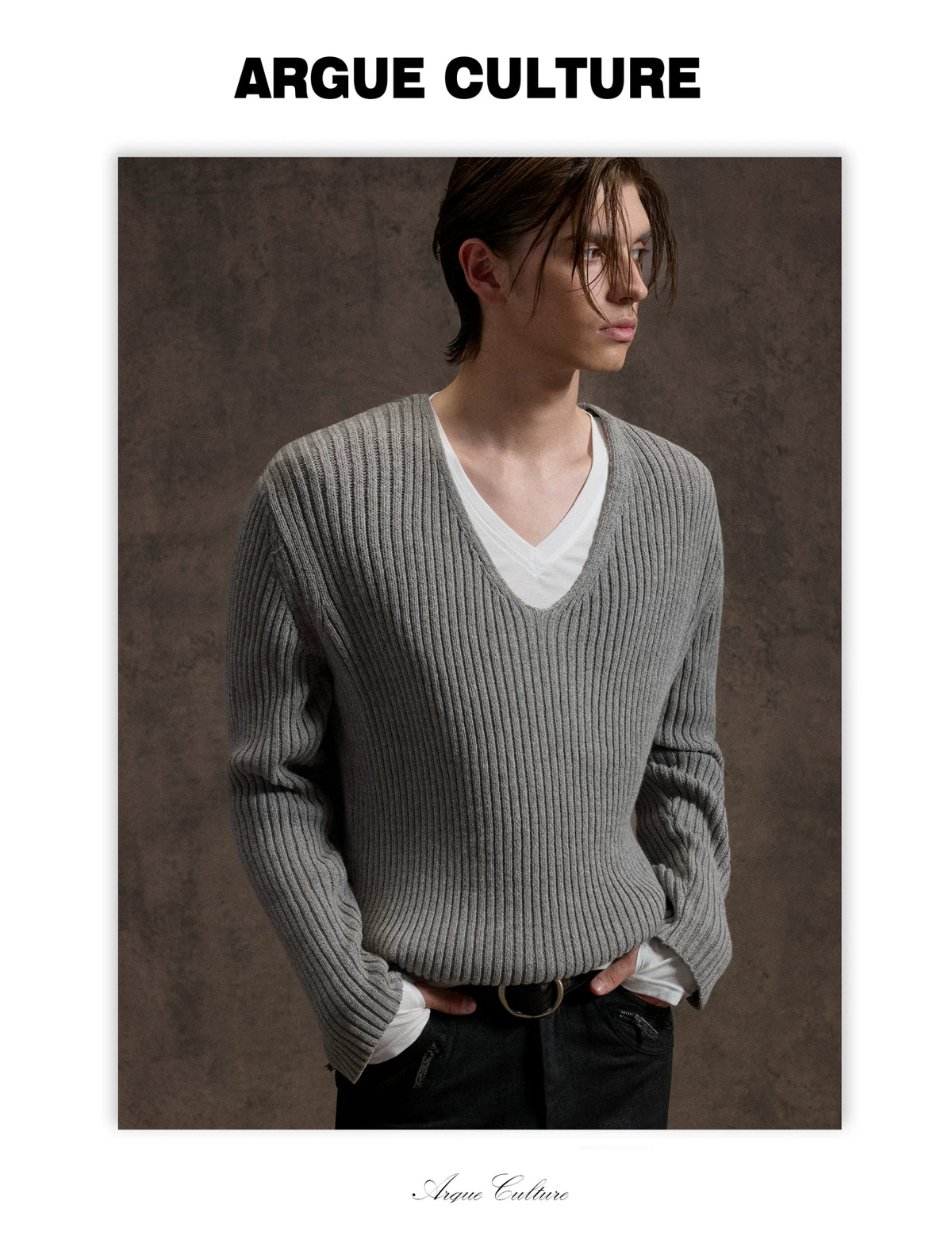 V-Neck Rib Knit Sweater Set with Detachable Base Tee - detail image 5