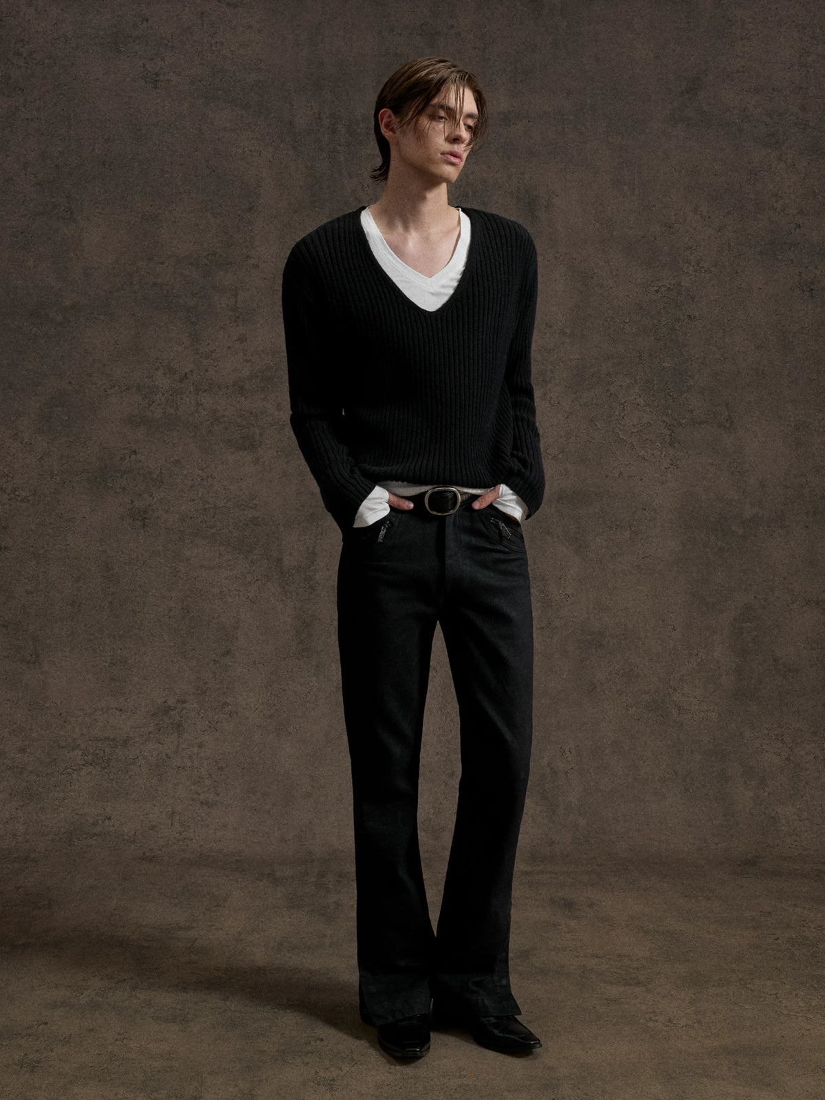 V-Neck Rib Knit Sweater Set with Detachable Base Tee - main image 5
