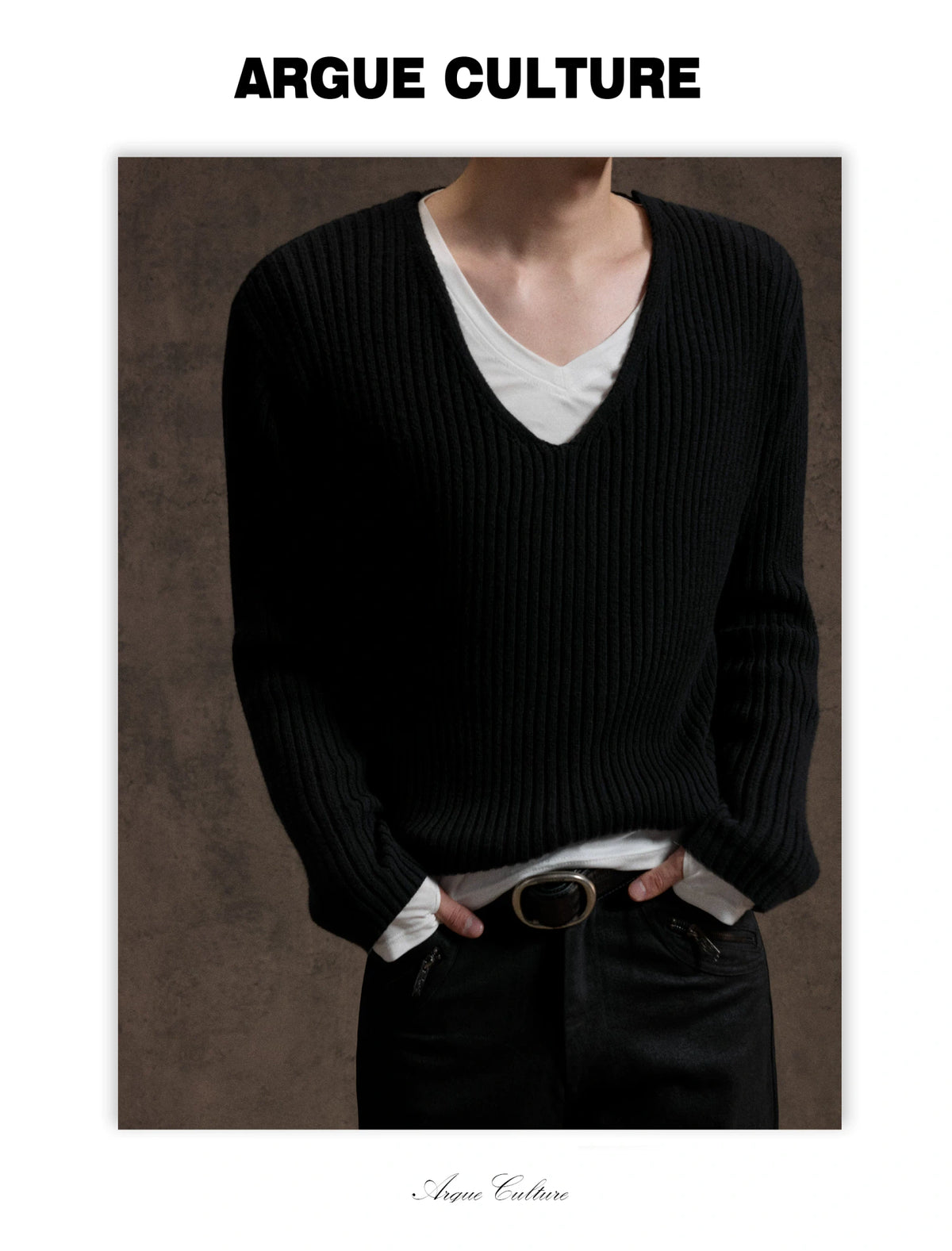 V-Neck Rib Knit Sweater Set with Detachable Base Tee - detail image 13