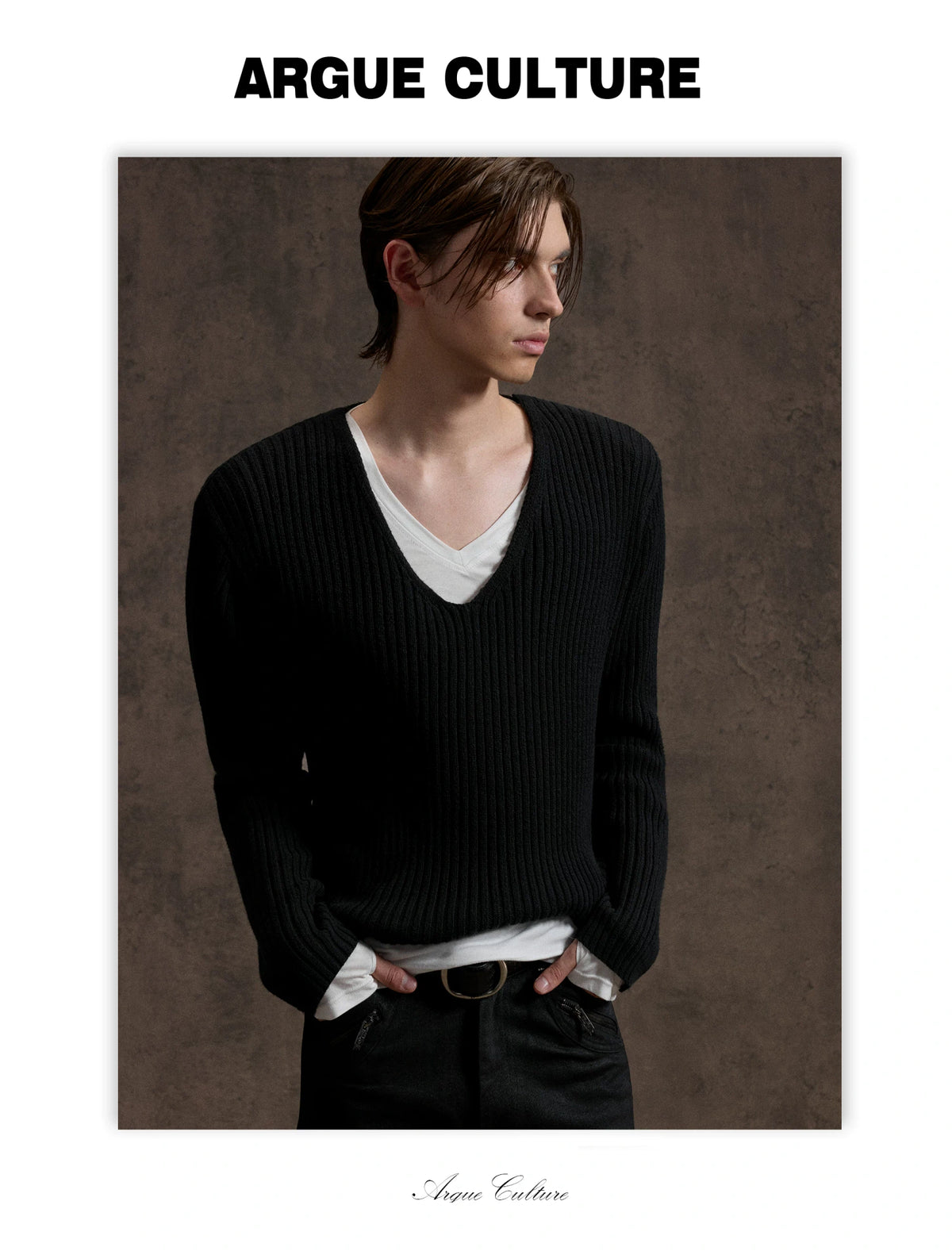 V-Neck Rib Knit Sweater Set with Detachable Base Tee - detail image 12