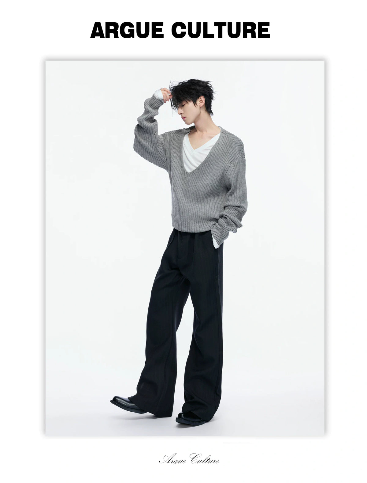 V-Neck Rib Knit Sweater Set with Detachable Base Tee - detail image 9