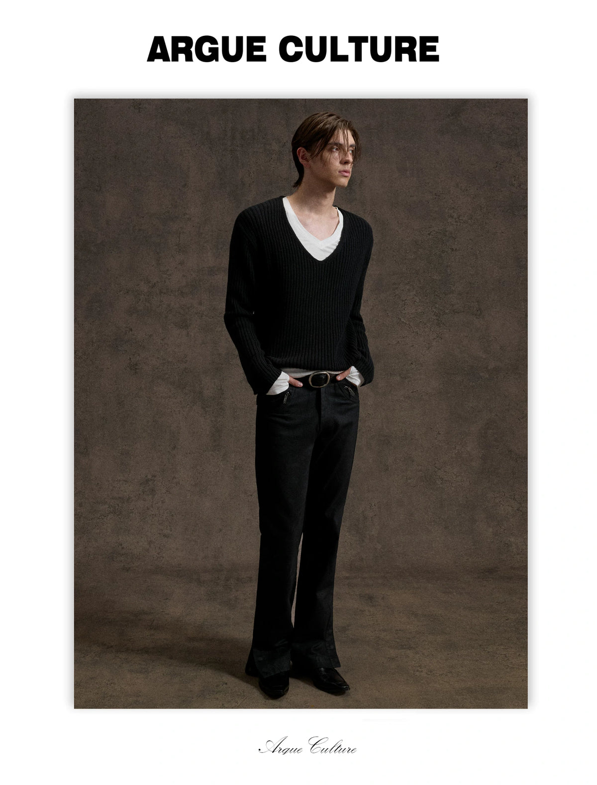 V-Neck Rib Knit Sweater Set with Detachable Base Tee - detail image 3