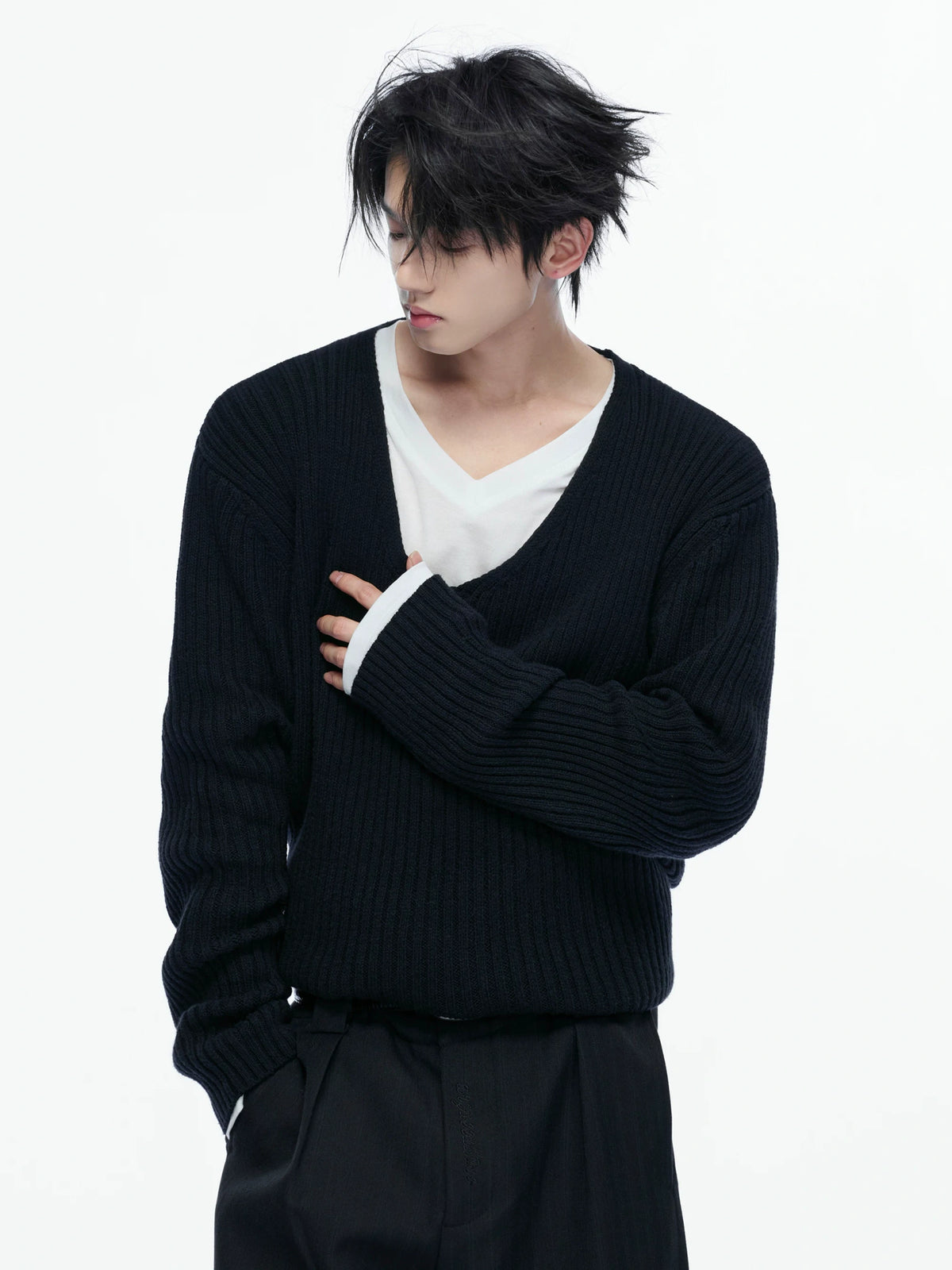 V-Neck Rib Knit Sweater Set with Detachable Base Tee - main image 3