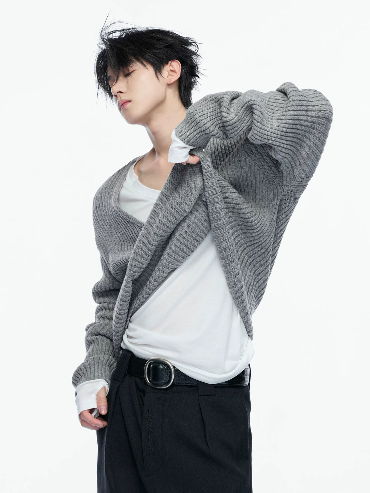 V-Neck Rib Knit Sweater Set with Detachable Base Tee - main image 4