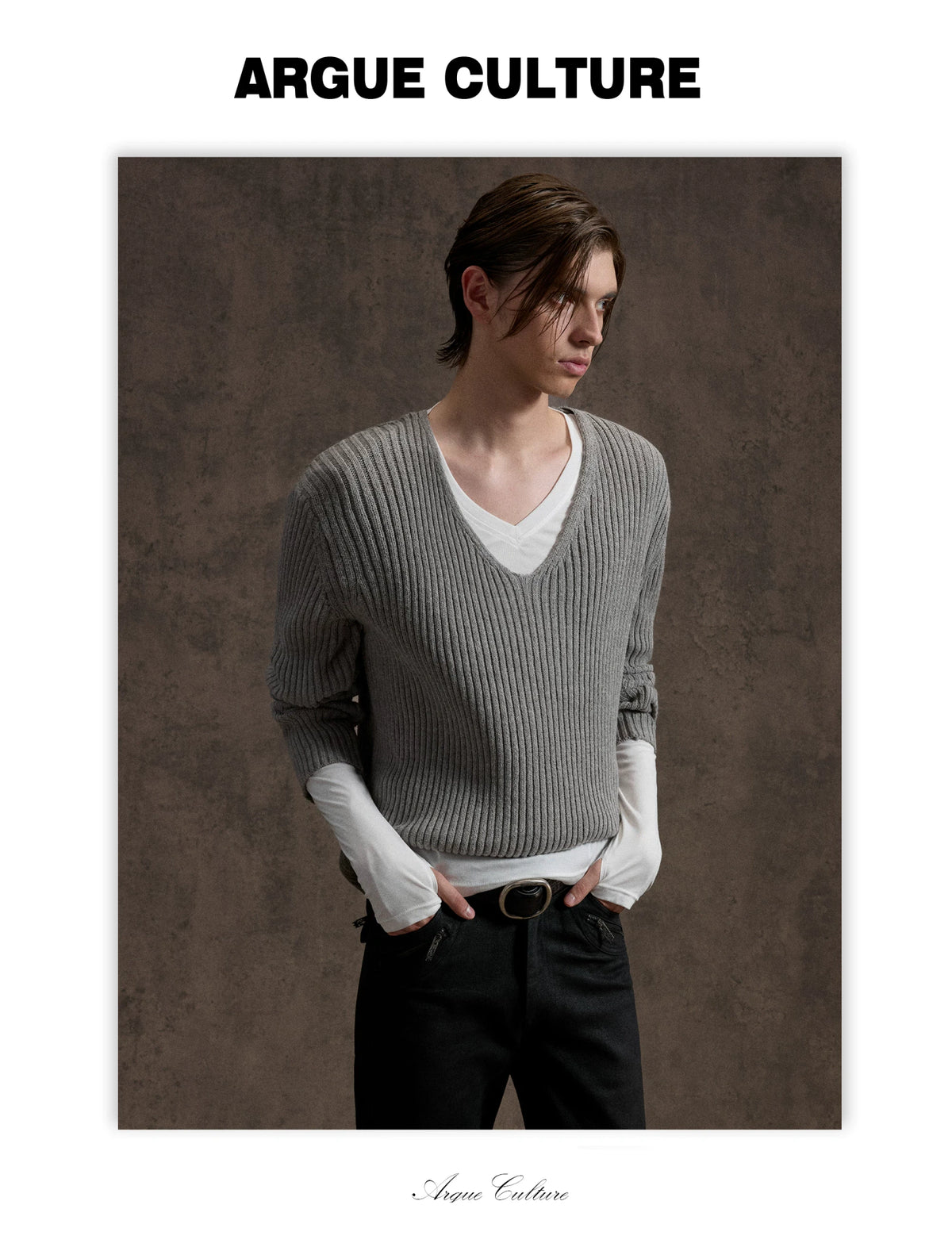 V-Neck Rib Knit Sweater Set with Detachable Base Tee - detail image 4