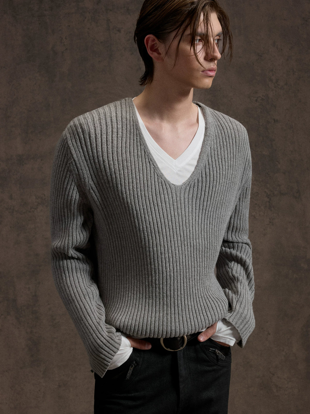 V-Neck Rib Knit Sweater Set with Detachable Base Tee - main image 1