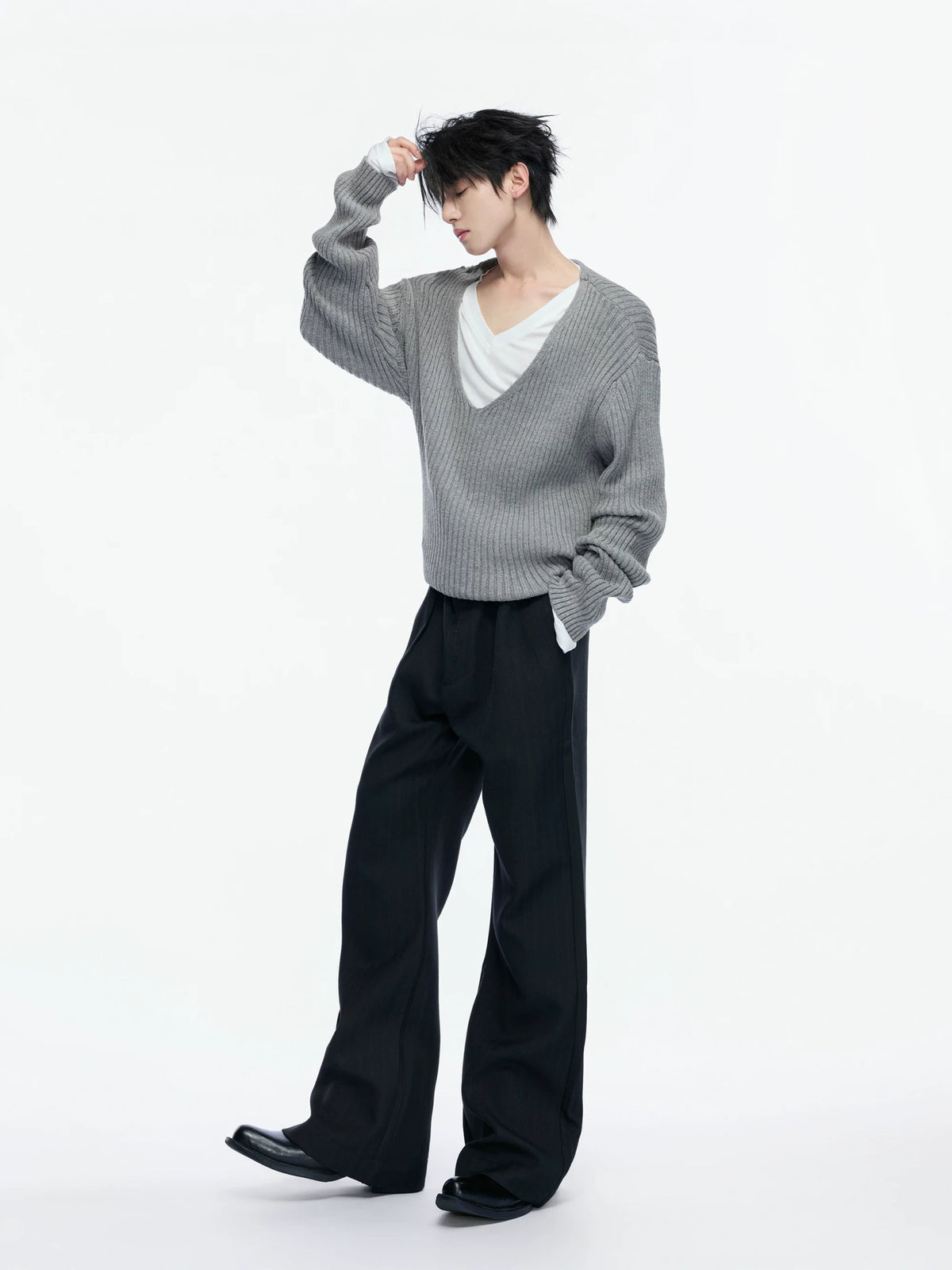 V-Neck Rib Knit Sweater Set with Detachable Base Tee - main image 2