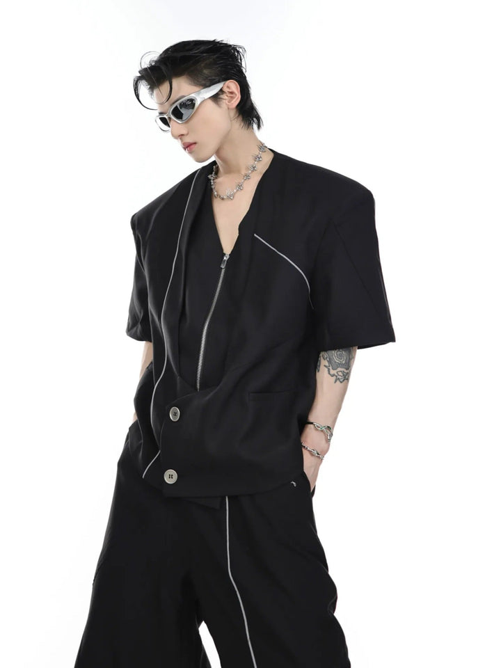 V - Neck Short Sleeve Suit | Reflective Stripe Layered Design Ensemble - ArguE CulturE