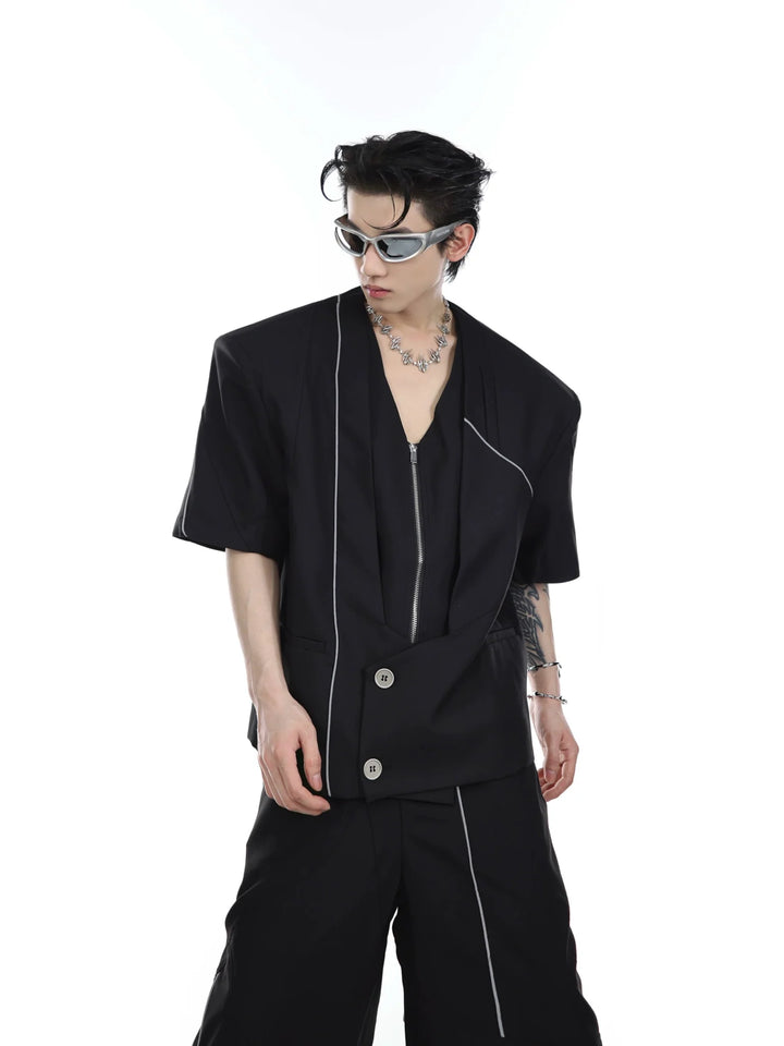 V - Neck Short Sleeve Suit | Reflective Stripe Layered Design Ensemble - ArguE CulturE