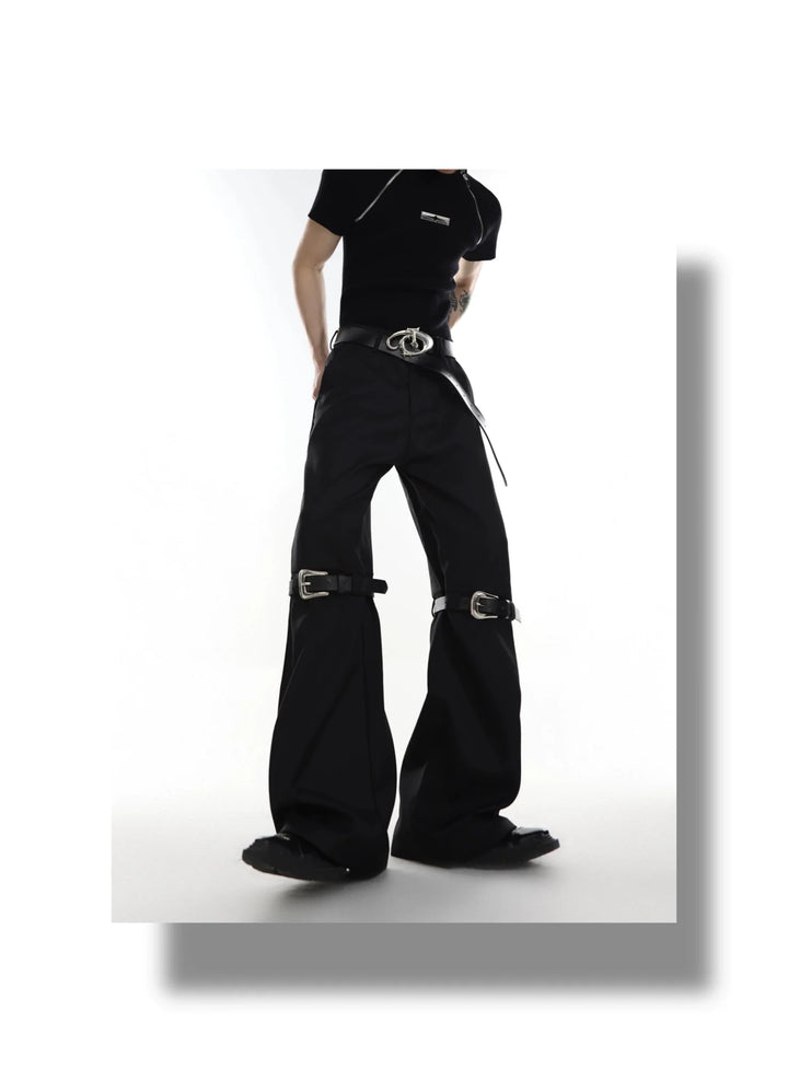 Versatile Flared Trousers with Spilced Blet and Metal Button Detail - ArguE CulturE