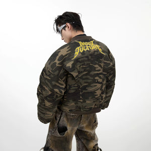 Close up of oversized utility pockets on a green camo jacket